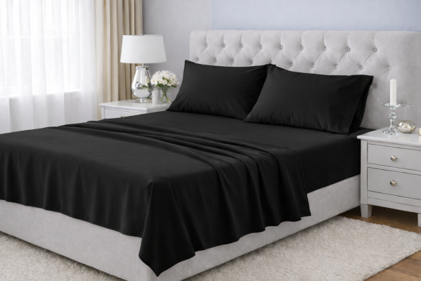 Negro Ambientada Sábanas King 144 Hilos Liso Negro